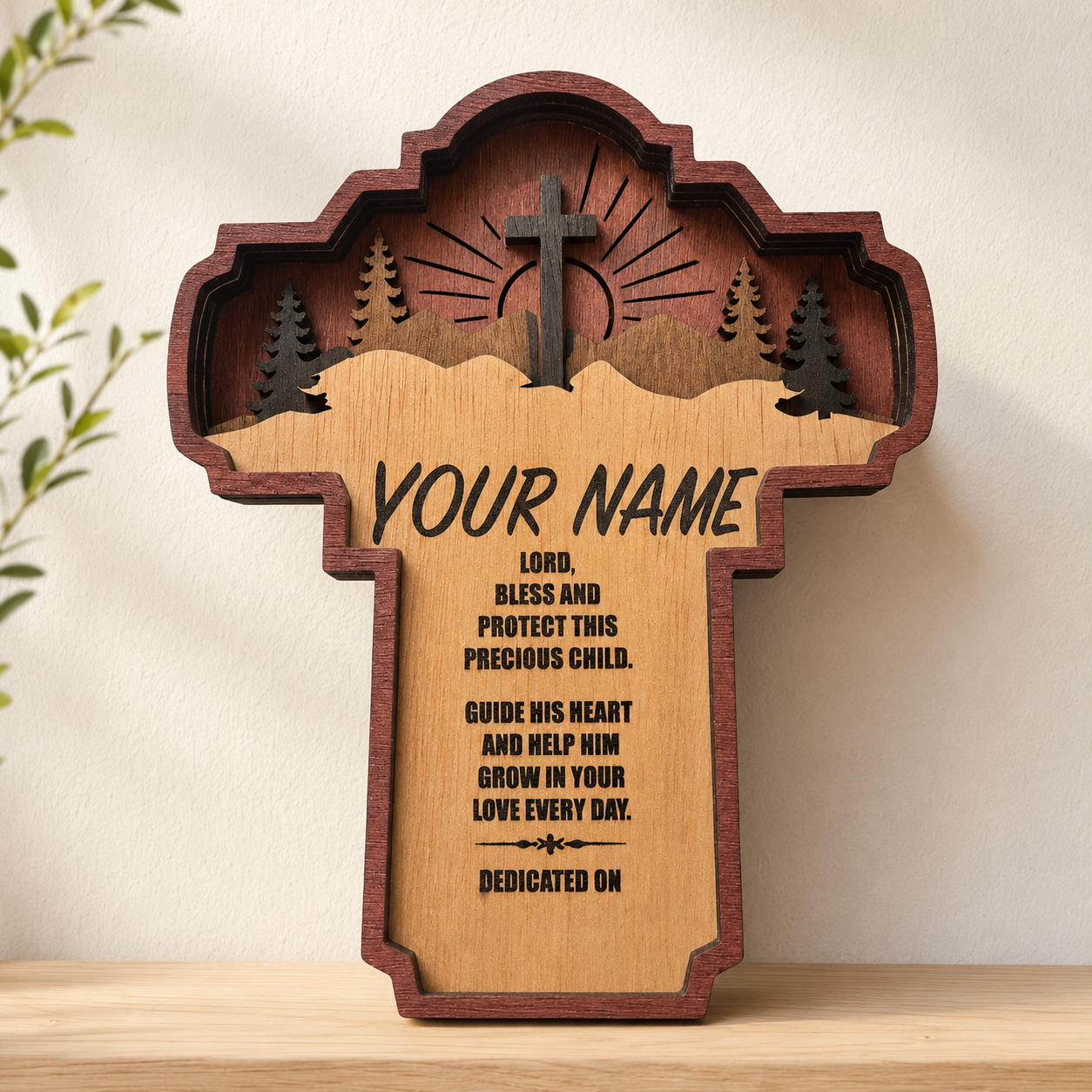 Personalized Woodland Baby Dedication Cross